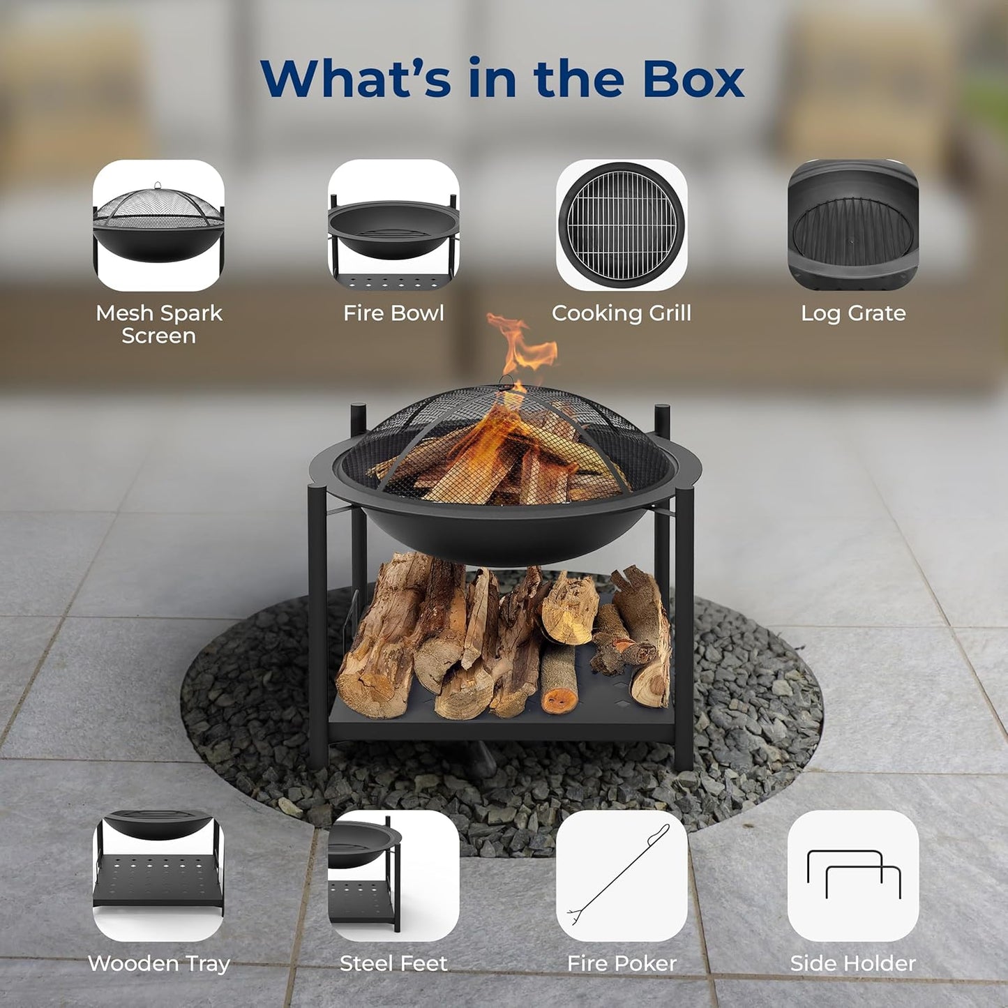 SereneLife Portable Outdoor Fire Pit - 2-in-1 Steel BBQ Grill and 26" Wood Burning Fire Pit Bowl with Mesh Spark Screen, Log Grate, Fire Poker, and Cover for Camping, Picnic, Bonfires