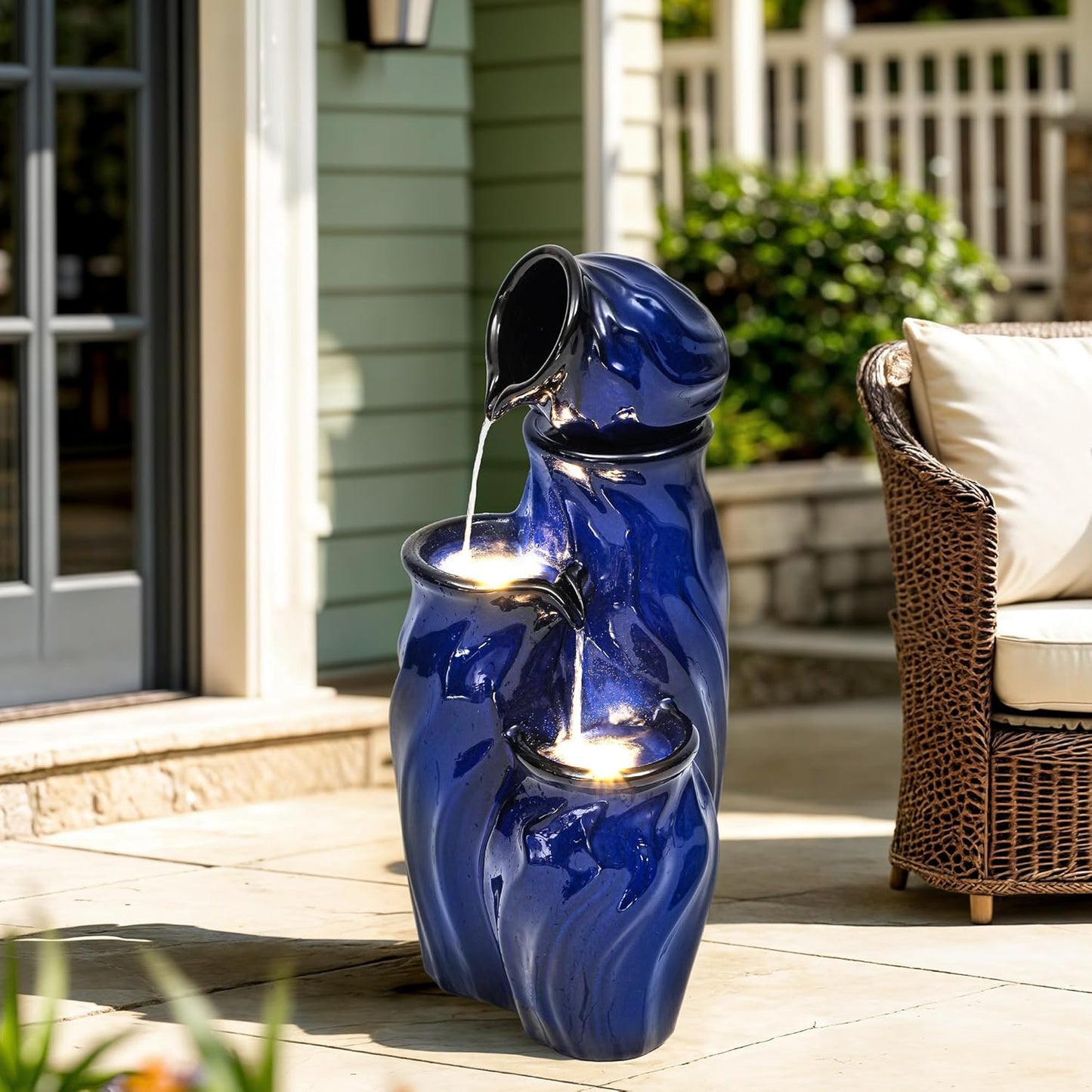 29" Tall Ceramic Water Fountain Outdoor with LED Lights, 4-Tier Cascading Waterfall Garden Fountain, Ideal for Serene Relaxing Patio, Yard or Porch, Cobalt Blue Glaze, Dynamic Wave-Texture