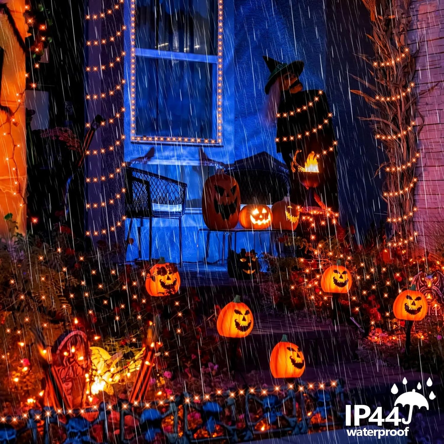 YEGUO Orange Solar Halloween Lights Outdoor Waterproof, 4 Pack Each 33ft 100 LED Solar Fairy Lights, 8 Modes Solar String Lights