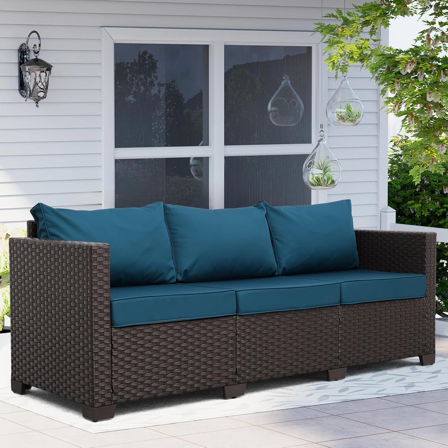 Outdoor Furniture Wicker Outdoor Couch Patio Furniture 3-seat Sofa Deep Seat Hight Backrest Non-Slip Cushions, Peacock Blue