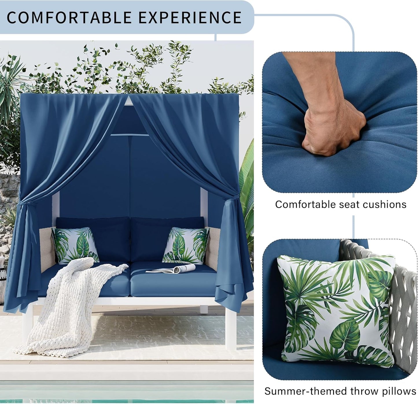 Polibi Outdoor Patio Sunbed with Blue Curtains,Outdoor Sun Lounger Bed with Pillows,Rubber Core Rope Weaving Outdoor Double Chaise Lounge Suitable for Pool,Garden,Blue