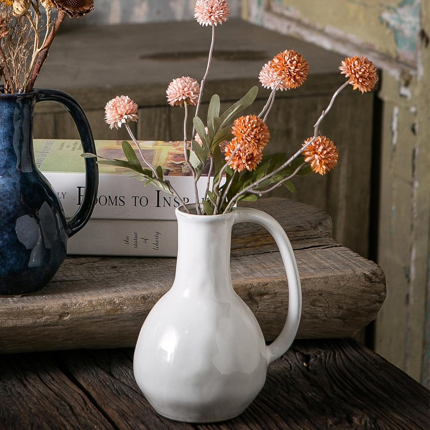 White Ceramic Vase with Big Handles, Modern Farmhouse Decor, Rustic Pottery for Flowers, Decorative Terracotta Centerpiece for Dining Table