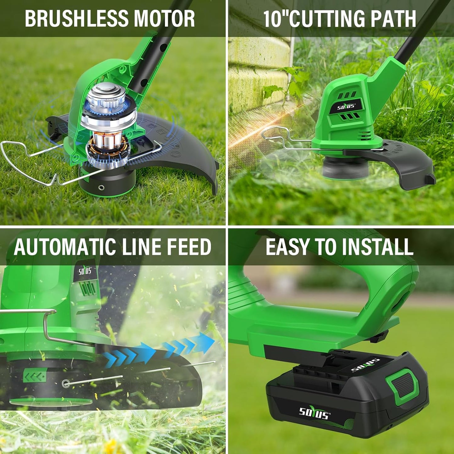 SOYUS Weed Wacker Battery Powered 10 Inch, String Trimmer Cordless with 2.0Ah Battery, Lightweight Edger Trimmer with 8 Pcs Replace Spool Trimmer Lines