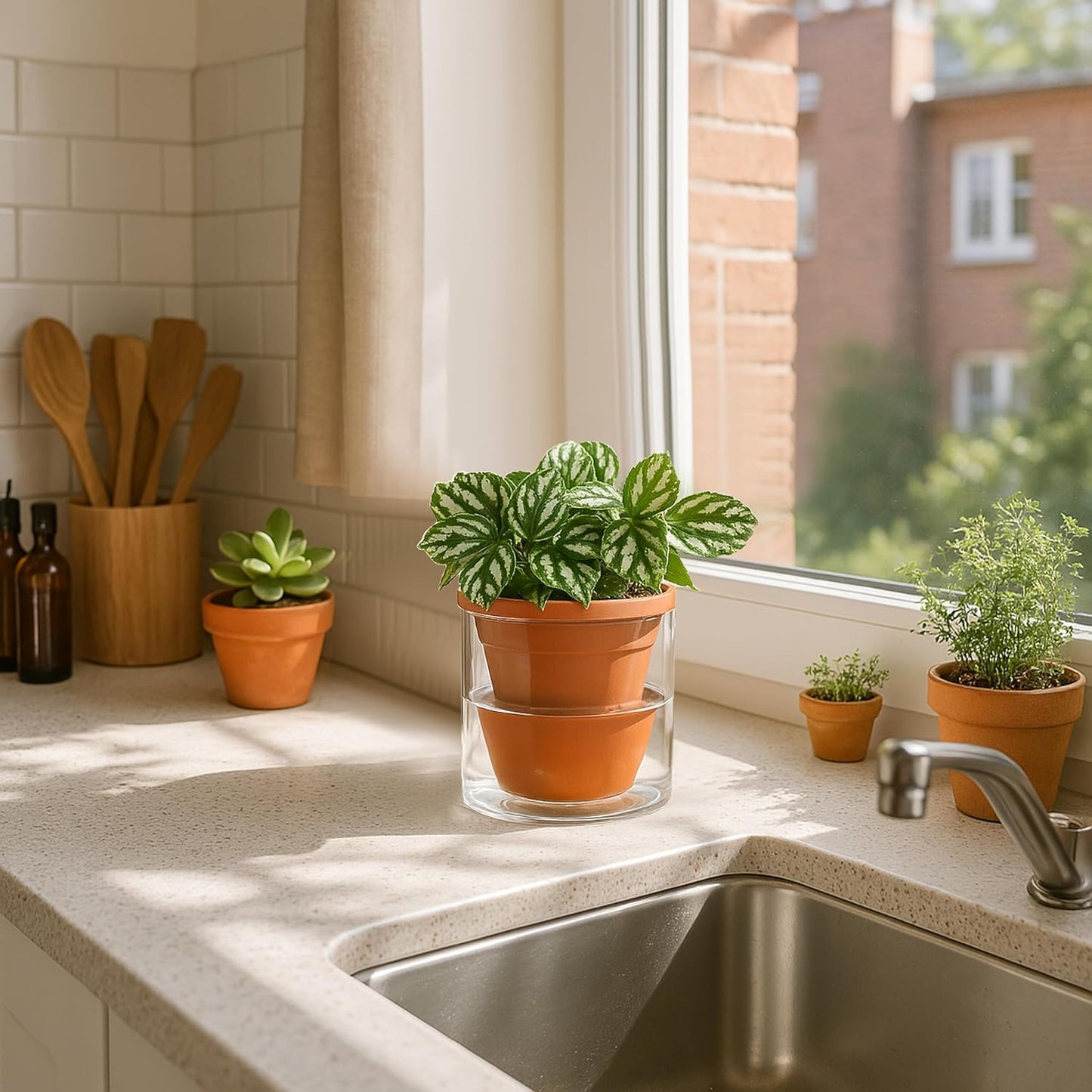 D'vine Dev 4 Inch Design Self Watering Pot for Indoor Plants, Terracotta Planter with Cylinder Glass Cup, Set of 3, 37-Z-A-1-T