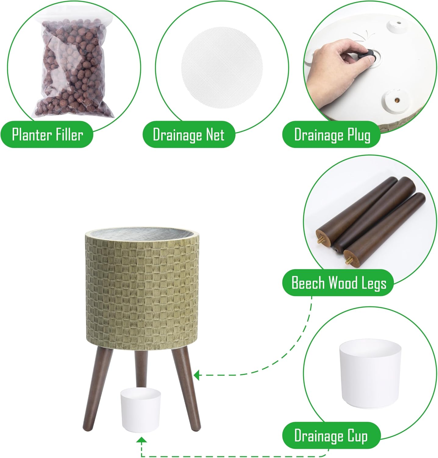 D'vine Dev 10 Inch Modern Geometric Tile Patterned Sleek Planter Pot with Stand, Indoor Outdoor Decorative Plant Holder, Distressed Olive, 88-Z-B-4