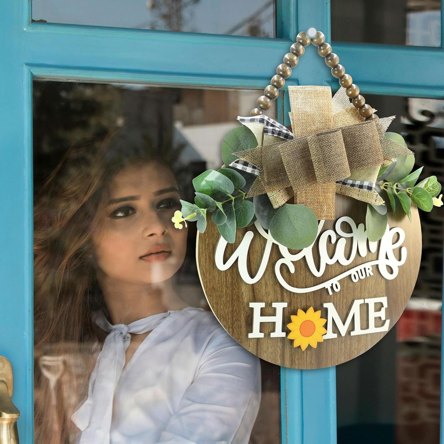 interchangeable 3D Welcome Sign for Front Door |Home/Farmhouse Porch Décor Wooden Hanging Sign with Artificial Leaves and Rustic Beads | Christmas Classroom |12" Round