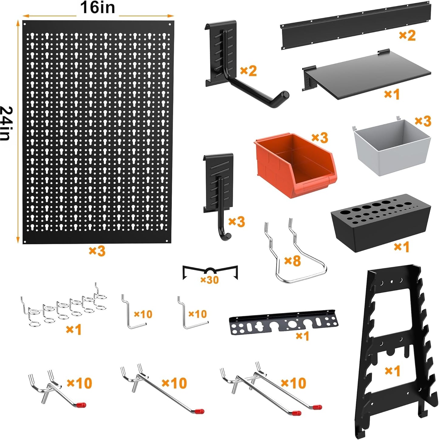 TORACK Metal Pegboard Wall Organizer System for Garage, 109PCS Pegboard Accessories Organizer Kit with Pegboard Bins, Hooks, Peg Locks, Pegboard Storage System for Workbench(Black)