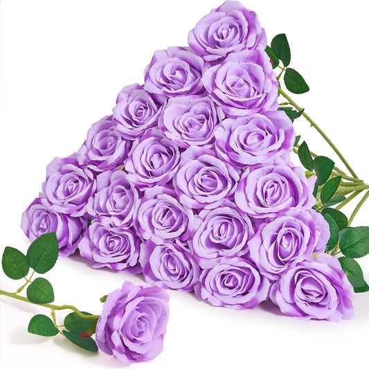 Serwalin 20pcs Artificial Roses, 4'' Big Flower Head, Light Purple Roses Velvet Real Touch, Silk Fake Roses Long Stem Realistic Bouquet for Wedding Table Centerpiece and Home Decor