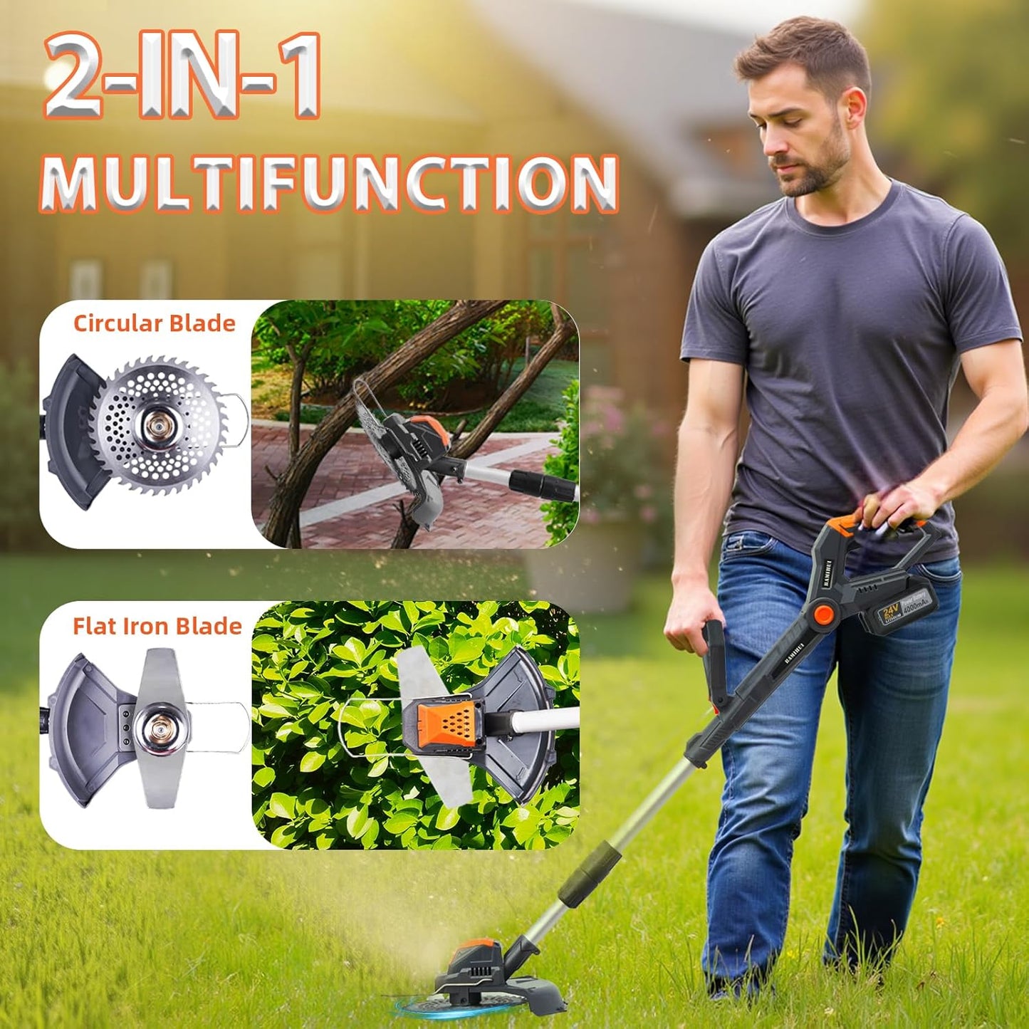 Electric Weed Wacker Cordless,24V Weed Cordless Eater Battery Powered,Weed Cutter with 2Pcs 4.0Ah Batteries,1300W Motor,2 Types Blades,Grass/String Trimmer Lawn for Yard and Garden