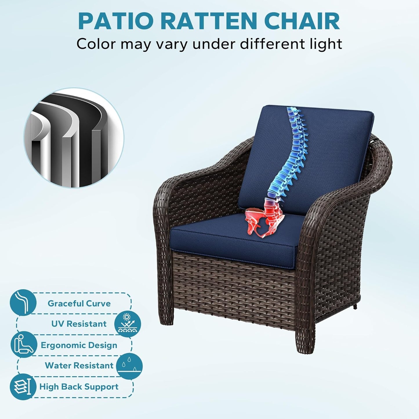 3 Pieces Outdoor Patio Conversation Set, 55" Couch, 2 Chairs, Rattan Wicker Conversation Furniture with Removable Cushions for Bistro, Deck (Navy Blue)