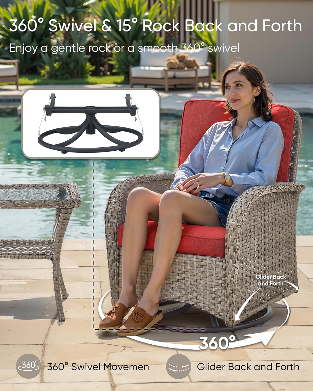 HUMMUH Outdoor Furniture-8 Piece Wicker Patio Furniture Set with Patio Swivel Chair Wicker Rattan Couch with Outdoor Rocking Chair Patio Conversation Set for Deck Lawn Porch Balcony Poolside-Grey/Red