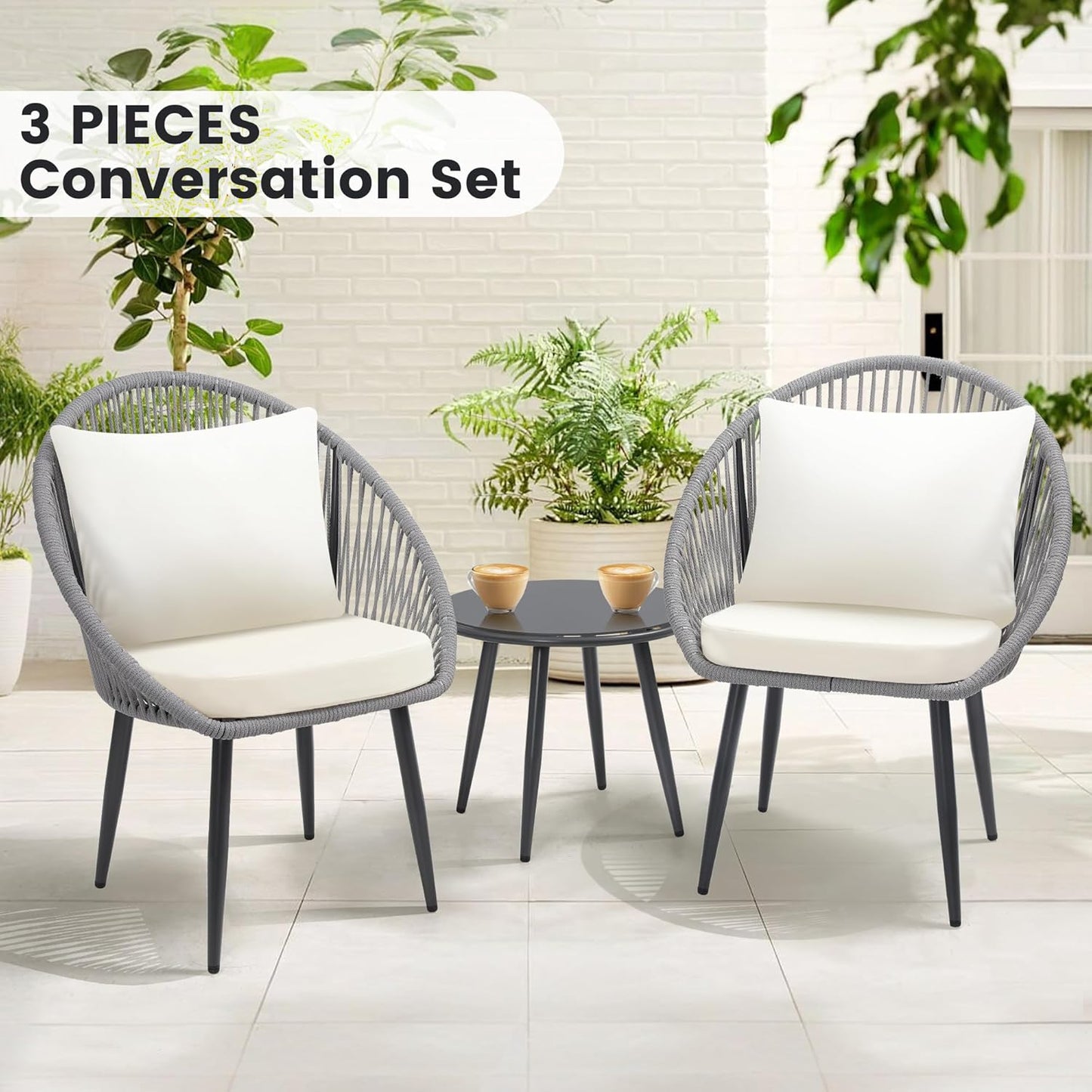 3 Pieces Bistro Set, Woven Rope Chair with Cushions, All Weather Patio Conversation Set and Side Table, Ideal for Deck, Balcony, Poolside, Grey