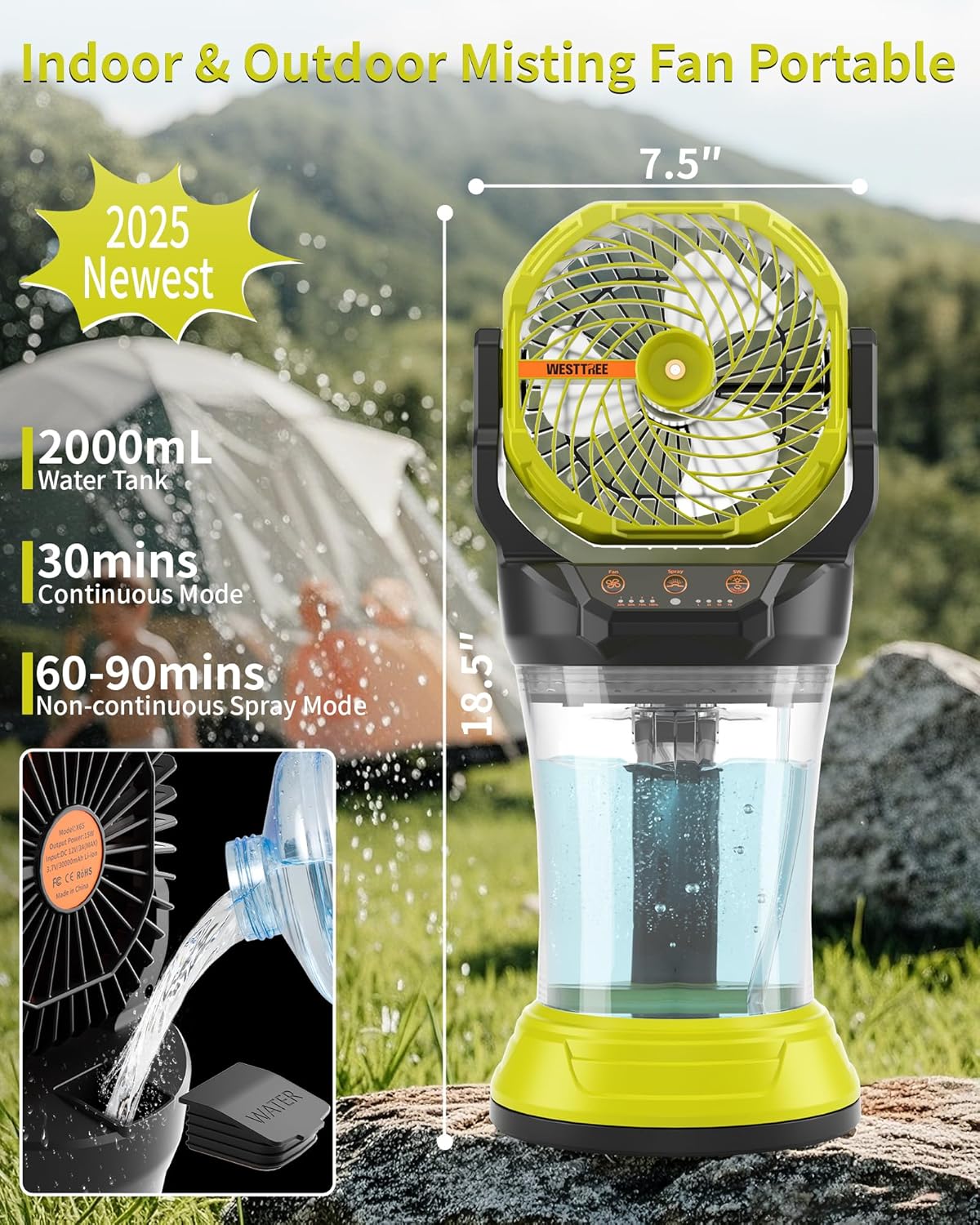 Portable Misting Fan with Large Battery Fan-Rechargeable Outdoor Misting Cooling Fans with 2L Water Tank,RGB Lights,4 Speeds & Spray Modes-for Patio, Camping, Beach, Workshop (Green)