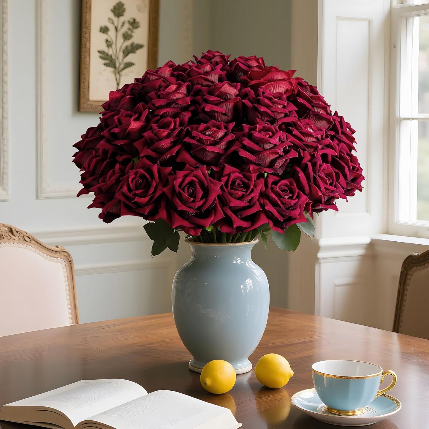 Fake Roses Faux Flowers Silk Roses Artificial Roses with Stems Realistic Artificial Flowers Suitable for Indoor Home Decoration Diy Bouquet Wedding Decor Party Decor 36PCS(16.5In,Black red)