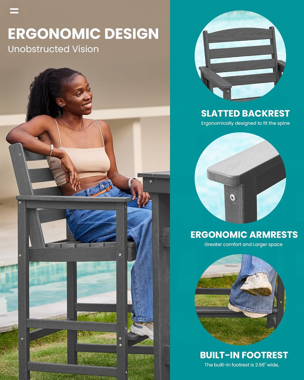 SERWALL Tall Adirondack Chairs Set of 2, Oversize Balcony Adirondack Chairs Set, Outdoor Bar Height Barstools Widened Chair Set for Bistro, Poolside, Garden, Gray