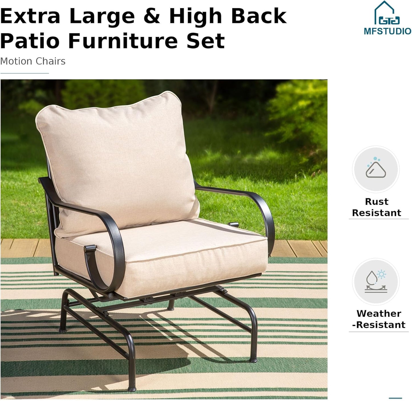 MFSTUDIO 5 Seats Large Metal Patio Conversation Sets, 4 Pieces Outdoor Patio Furniture Sofa with 2 Motion Chairs, 1 3-seat Sofa and Table for Outside Balcony Backyard Poolside