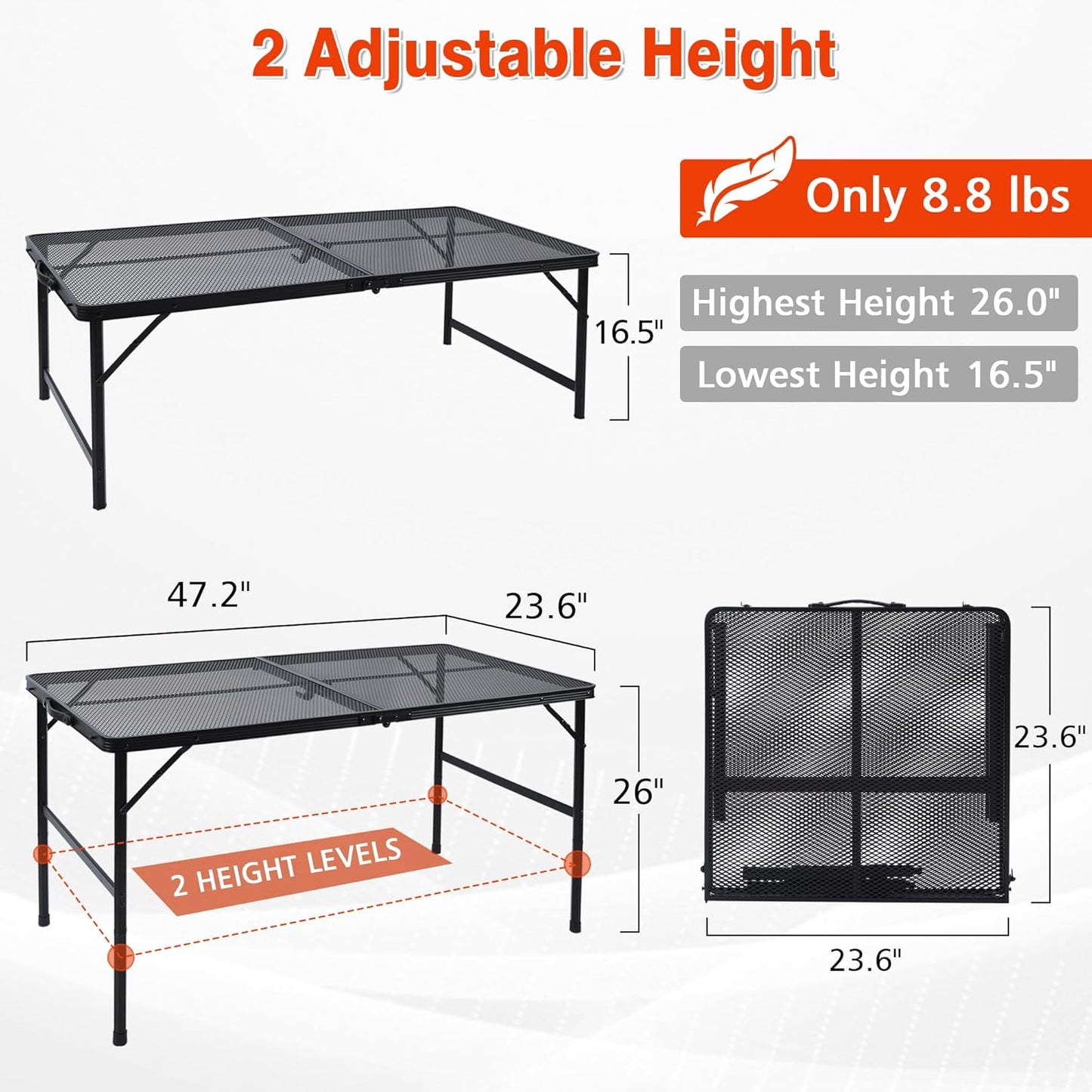 Folding Grill Table, 4x2 FT Portable Camping Table, Lightweight Height Adjustable Metal Tables with Mesh Desktop and Mesh Bag, Outdoor Tables for Camping, Picnic, Beach and BBQ, Black