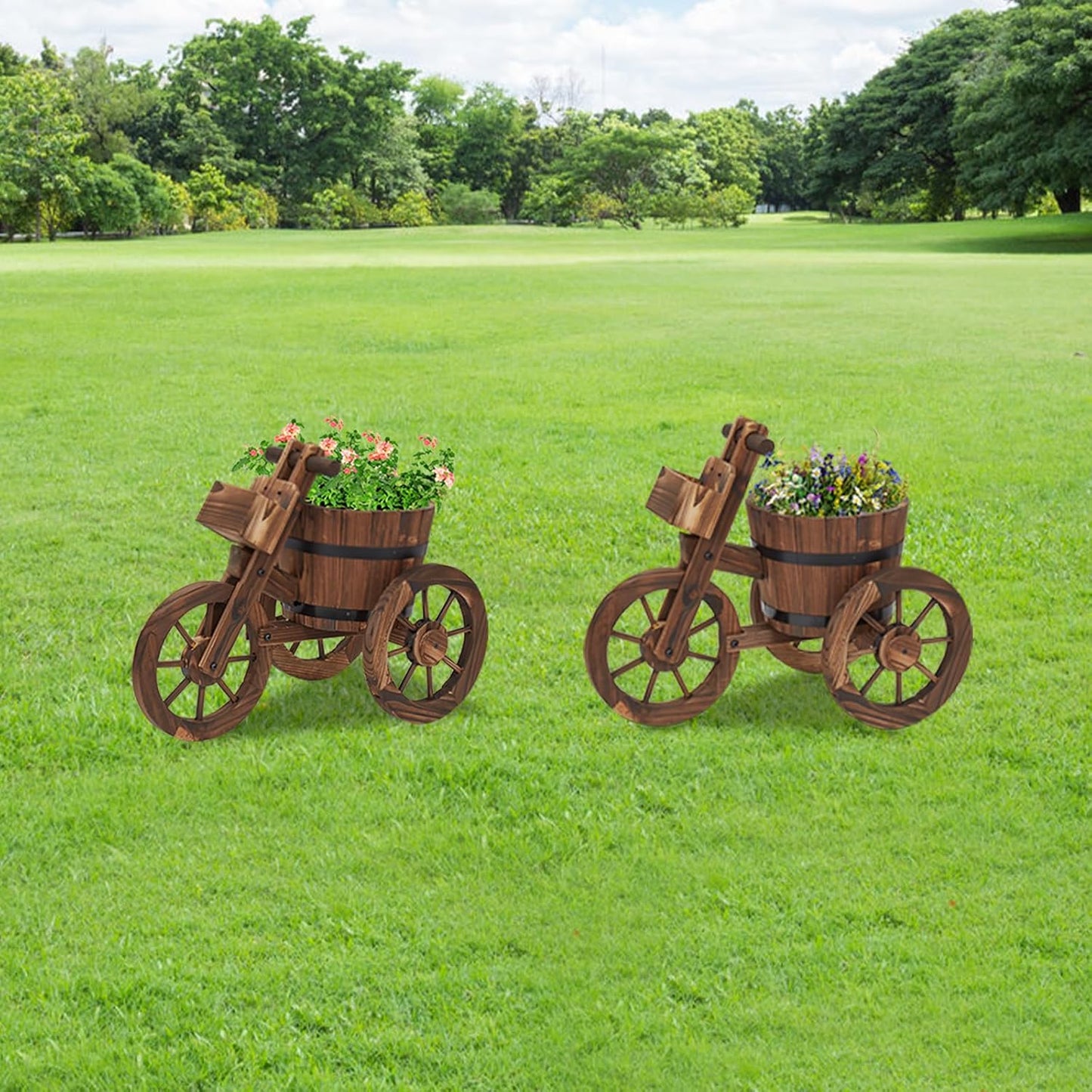 kinbor Outdoor Planters - Rustic Barrel Planter, Wooden Wagon Tricycle Planters for Outdoor Plants
