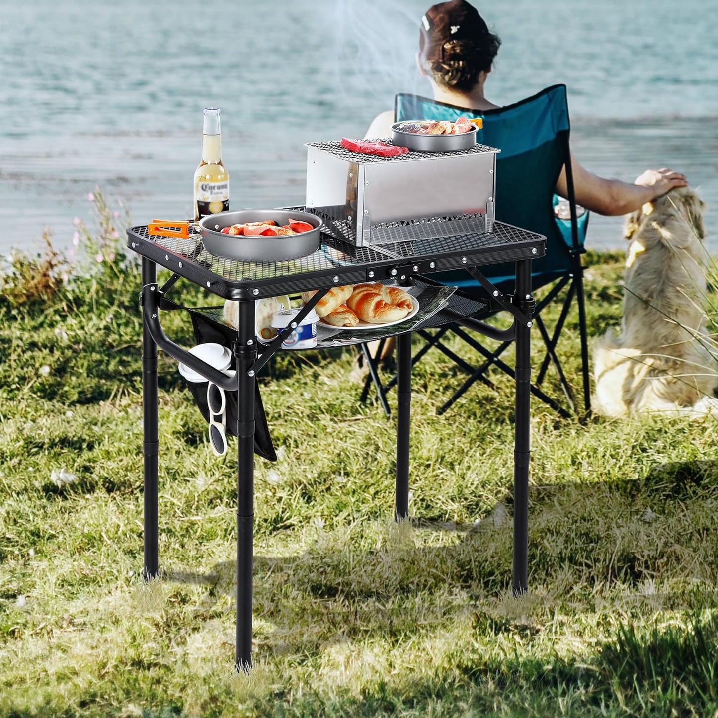 RedSwing Folding Grill Table, Lightweight Height Adjustable Aluminum Table with Mesh Desktop and Mesh Bag for Outdoor Camping Picnic BBQ, Small 2 Feet, Black