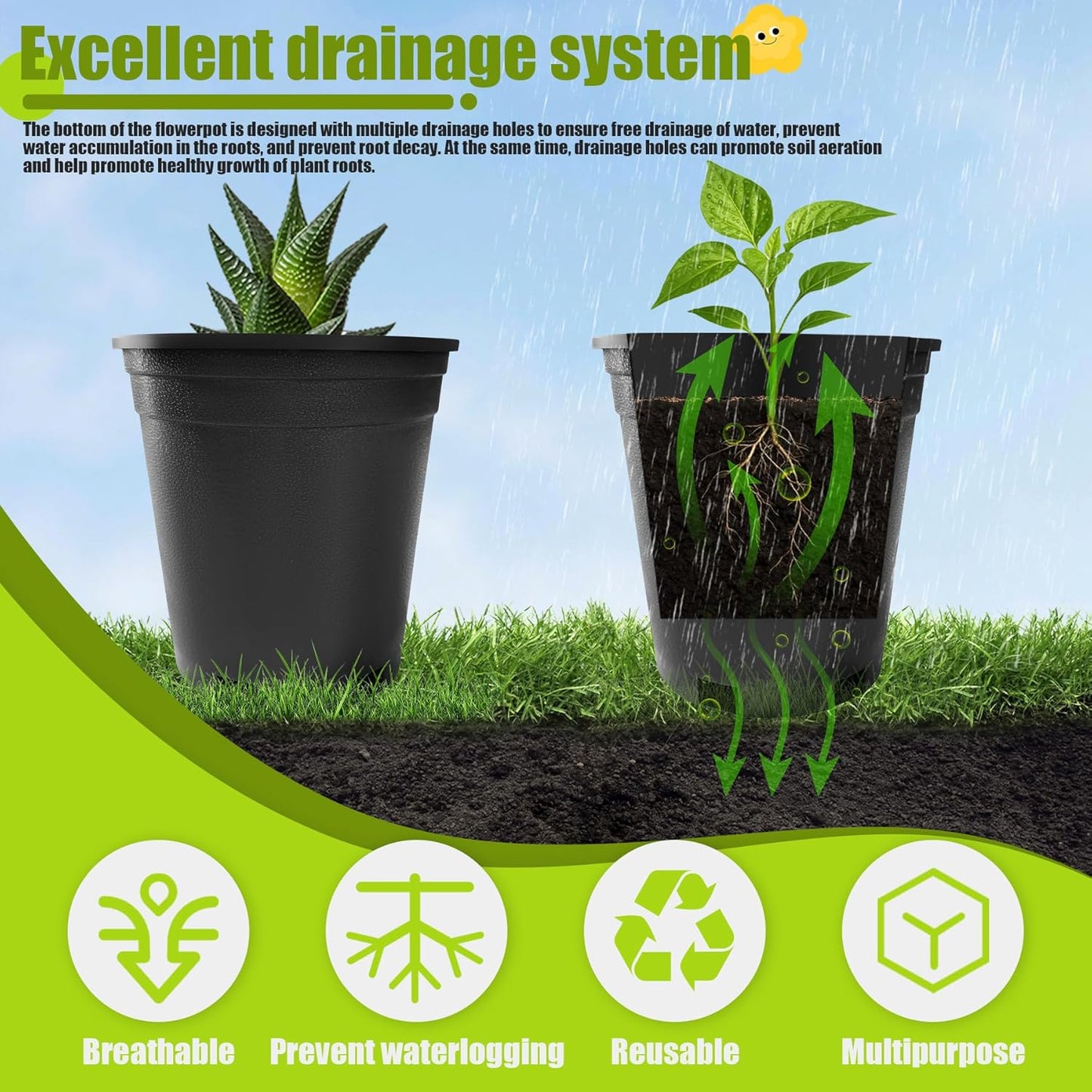 1 Gallon Nursery Pots Plastic Container Injection Molded Pot for Plants Flexible with Drainage Holes Suitable for Plants Soil Growers or Hydroponics Black 10 Pcs