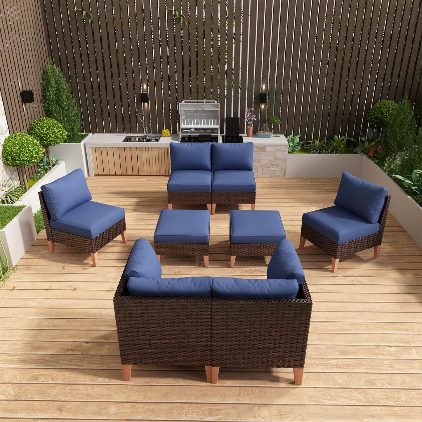 HUMMUH 8 Pieces Patio Furniture Set,Outdoor Modular Sectional Couch Chairs with Ottomans,All Weather PE Wicker Patio Conversation Sets for Garden Porch Backyard