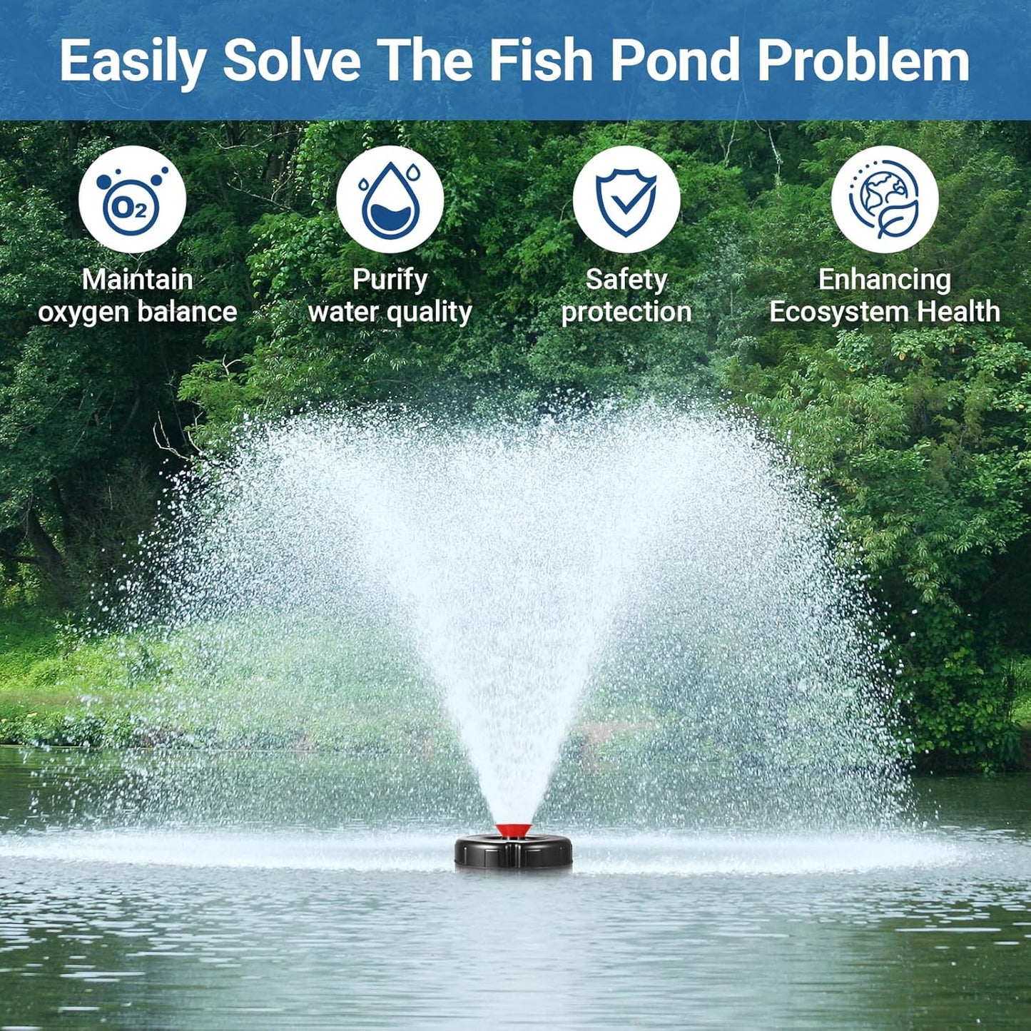 Floating Pond Fountain Aerator, 15AWG 100FT Power Cord, 1HP 15000 GPH Stainless Steel Large Pump Lake Water Fountains with Timer - 110V 750W