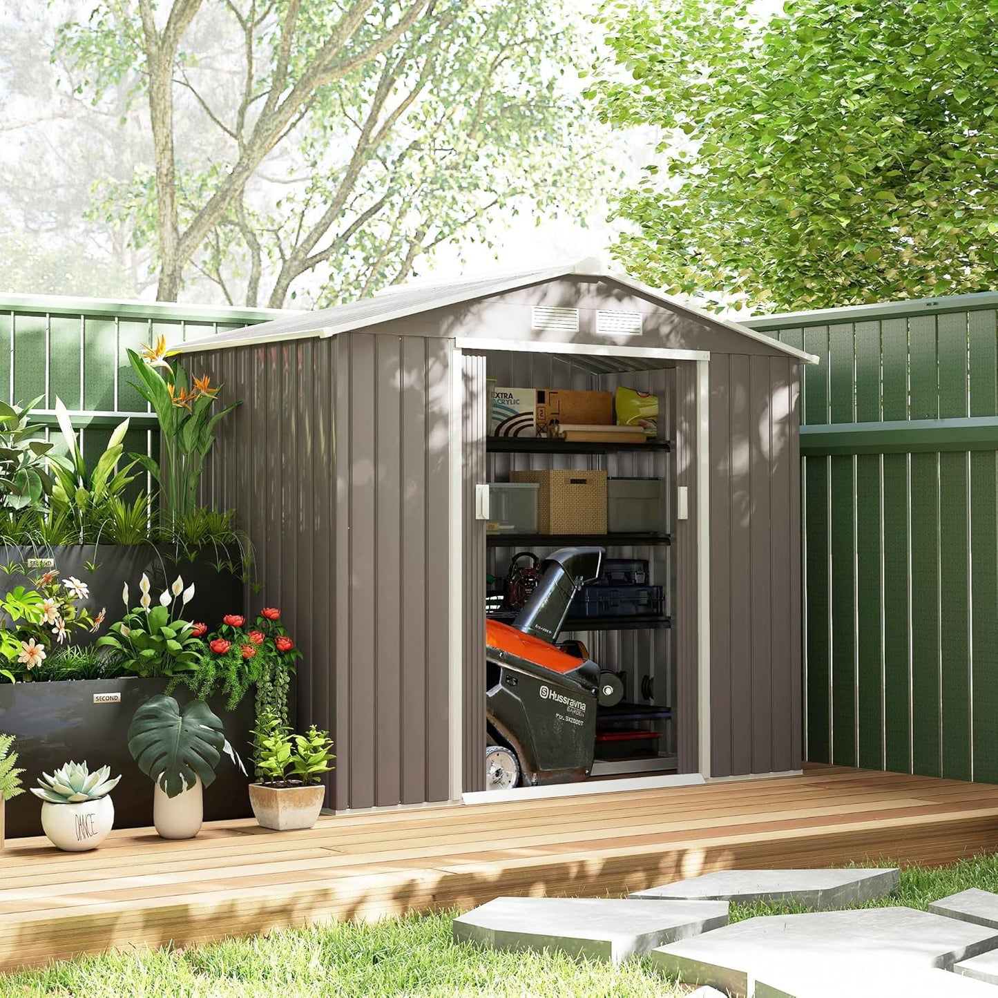 Outsunny 7' x 4' Outdoor Storage Shed, Garden Tool Metal Shed with Foundation Kit, Double Lockable Door, Air Vents and Sloping Roof, for Backyard, Patio, Lawn, Gray