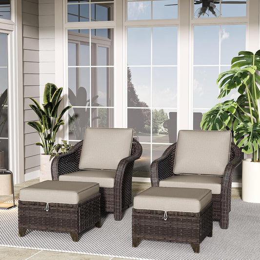 4 Pieces Patio Outdoor Conversation Furniture Set with Cushions, All-Weather Wicker Ottomans, PE Rattan 2 Chairs for Backyard, Deck, Lawn (Beige)