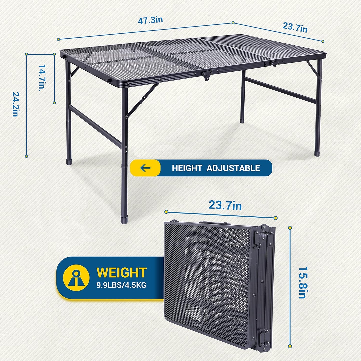 Nice C Table for Grill, Outdoor Table, Camping Cooking Picnic Tables, Card Tables Adjustable Height, Mesh Bag, Carry Handle (47.3” x 23.7“ x 14.7”/24.2“ Black)
