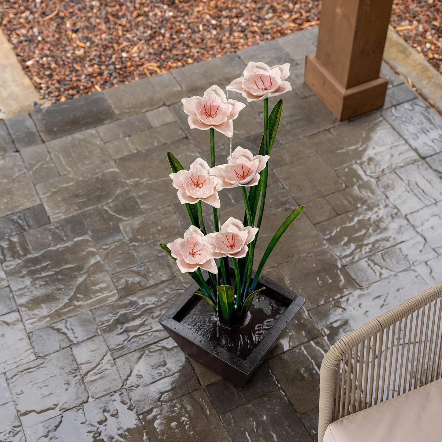 XBrand Sculptural Freestanding Metal Multi-Tiered Water Fountain w/Flowers, w/LED Lights, Multicolored, 39" Tall