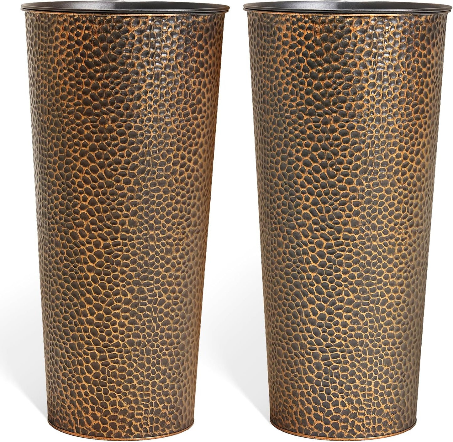 KOL 25" H. Metal Hand-Hammered Planters with Inner Pots 2-Pack, Bronze Decor Planter for Deck, Patio, Porch - Galvanized Steel Handcrafted Flower Pot - w/Water Level Indicator - Indoor Outdoor Use