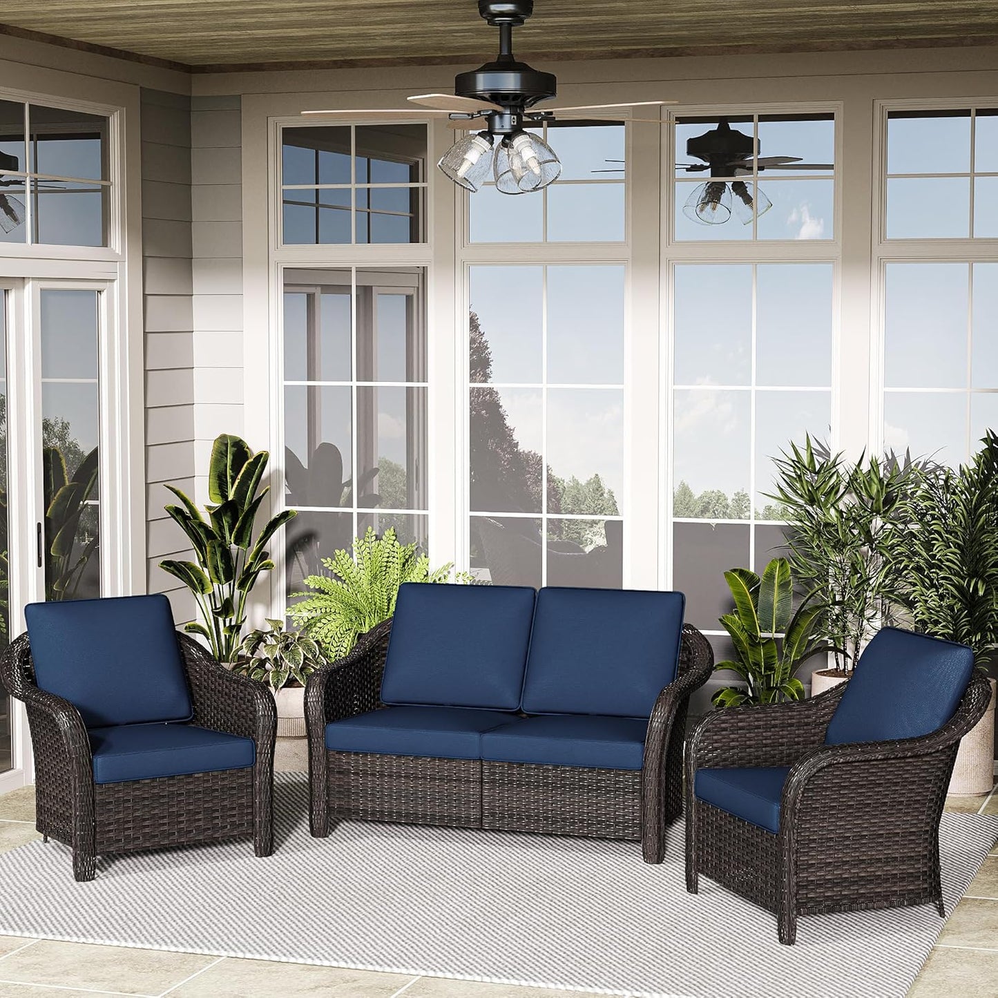 3 Pieces Outdoor Patio Conversation Set, 55" Couch, 2 Chairs, Rattan Wicker Conversation Furniture with Removable Cushions for Bistro, Deck (Navy Blue)