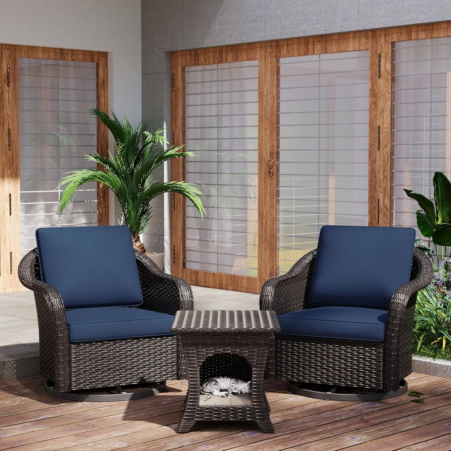Outdoor Wicker 360 Degree Swivel Glider Rocker Chairs Set of 2 with Cat House Side Table, Patio Conversation Furniture Set with Washable Cushions for Garden, Poolside (Navy Blue)