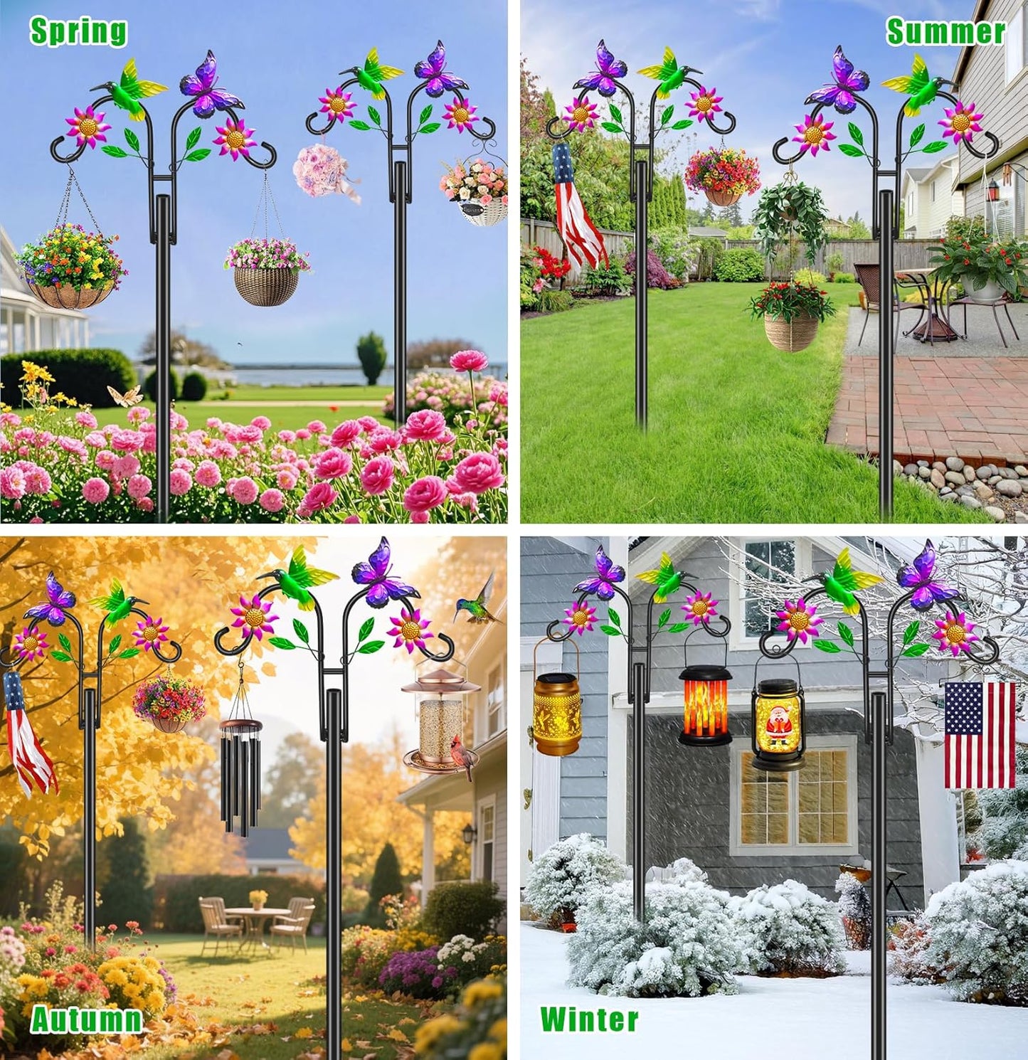 Double Shepherds Hooks for Outdoor, Artistic Hummingbird & Flower Design, 5 - Prong Base, Ideal for Bird Feeders, Baskets & Lanterns (1 Pack)