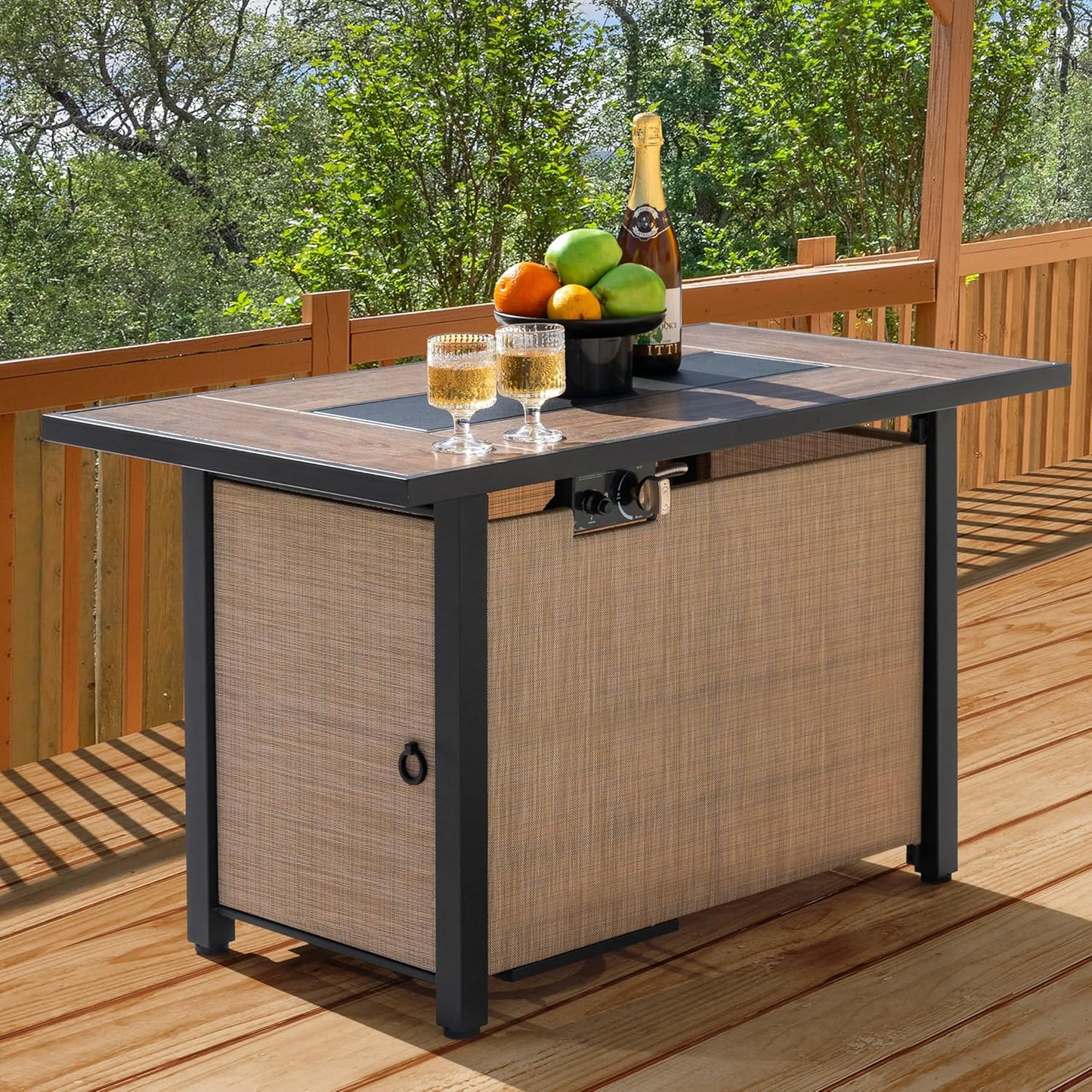 Nuu Garden 43" Propane Fire Pit Table, CSA-Listed Outdoor 50,000 BTU Gas with Lid and Glass Beads, 2-in-1 Rectangular for Outside Backyard Patio, Light Brown