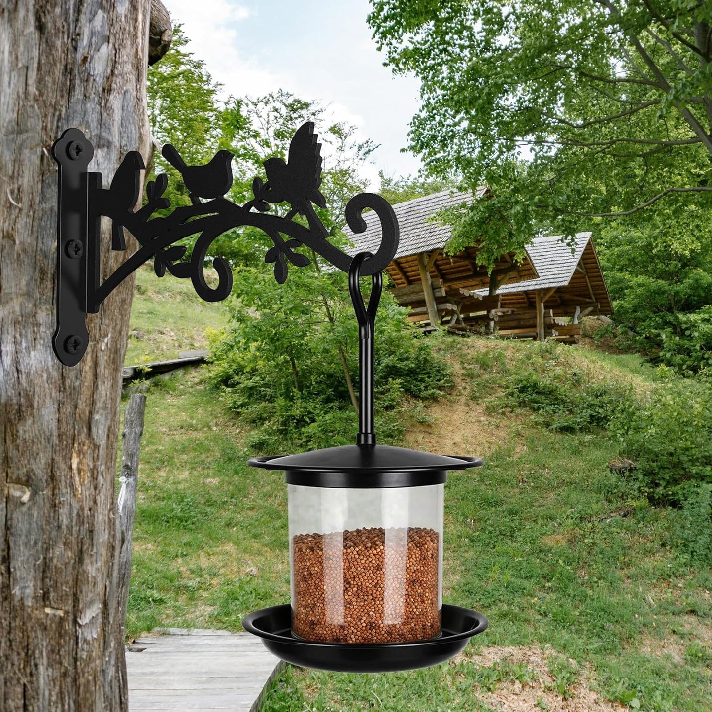 Metal Hanging Plant Bracket with Birdie Pattern 2 Pack – Heavy Duty Plant Hooks for Hanging Flower Baskets，Plants, Bird Feeder, Wind Chime - Indoor/Outdoor Use，Black Matte Texture (12 in)