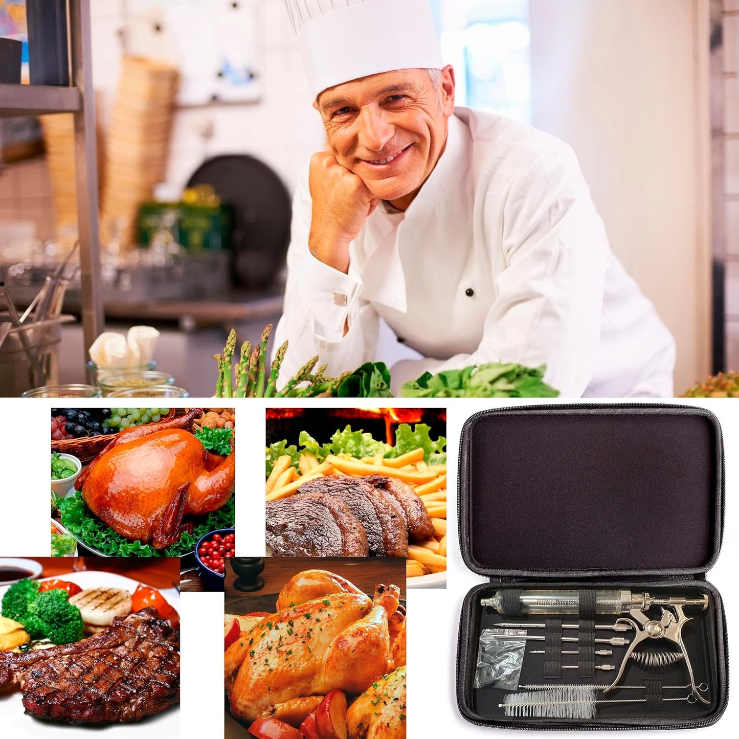 Meat Injector Syringe Stainless Steel Outdoor Meat Kit Marinade Flavor Food Injector Syringes with 4 Marinades Needles Grill Smoker Injectors Professional Syringe Held Culinary Barbecue Tool For BBG