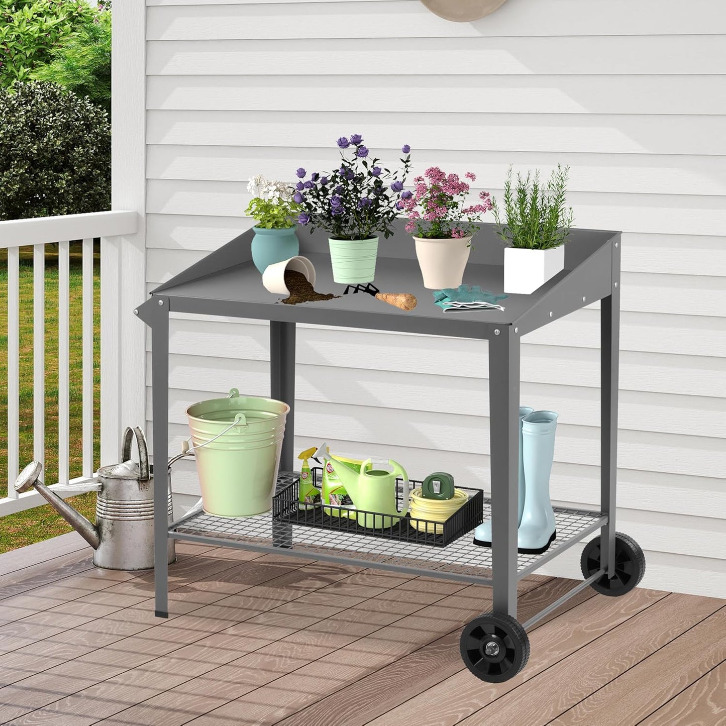 Outdoor Metal Potting Bench with Wheels, Heavy Duty Garden Workbench Table with Storage Shelf (Dark Gray, 36"x38.8")