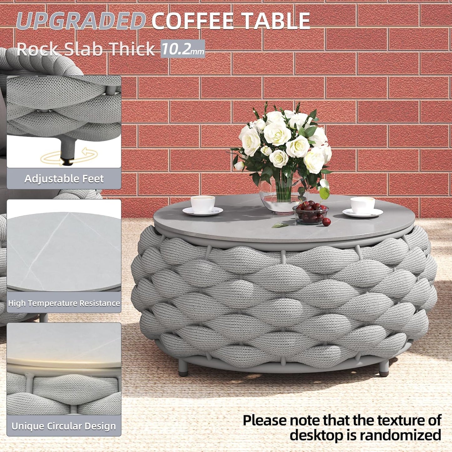 TWT 3 Pieces Aluminum Patio Furniture Set, Hand Woven Polyester Rope Modern Outdoor Furniture w/Washable Cushion and Rock Slab Tabletop, Conversation Sofa Set for Livingroom Poolside Balcony (Grey)