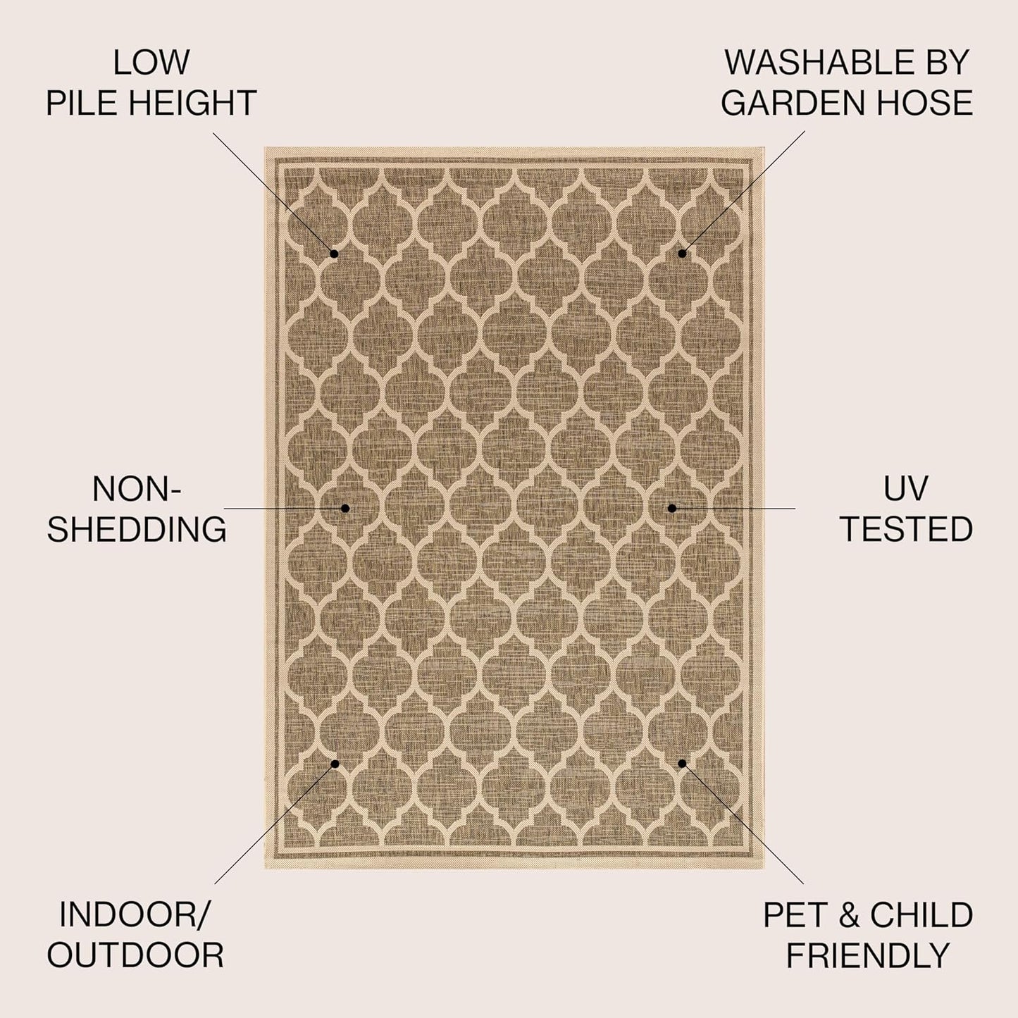 Eyely BMS109A-6 Santa Monica Trebol Moroccan Trellis Textured Weave, Pet Friendly, Non-Shedding, Stain Resistant, Easy-Cleaning, Brown/Beige, 6 ft. x 9 ft., Indoor/Outdoor, Area Rug