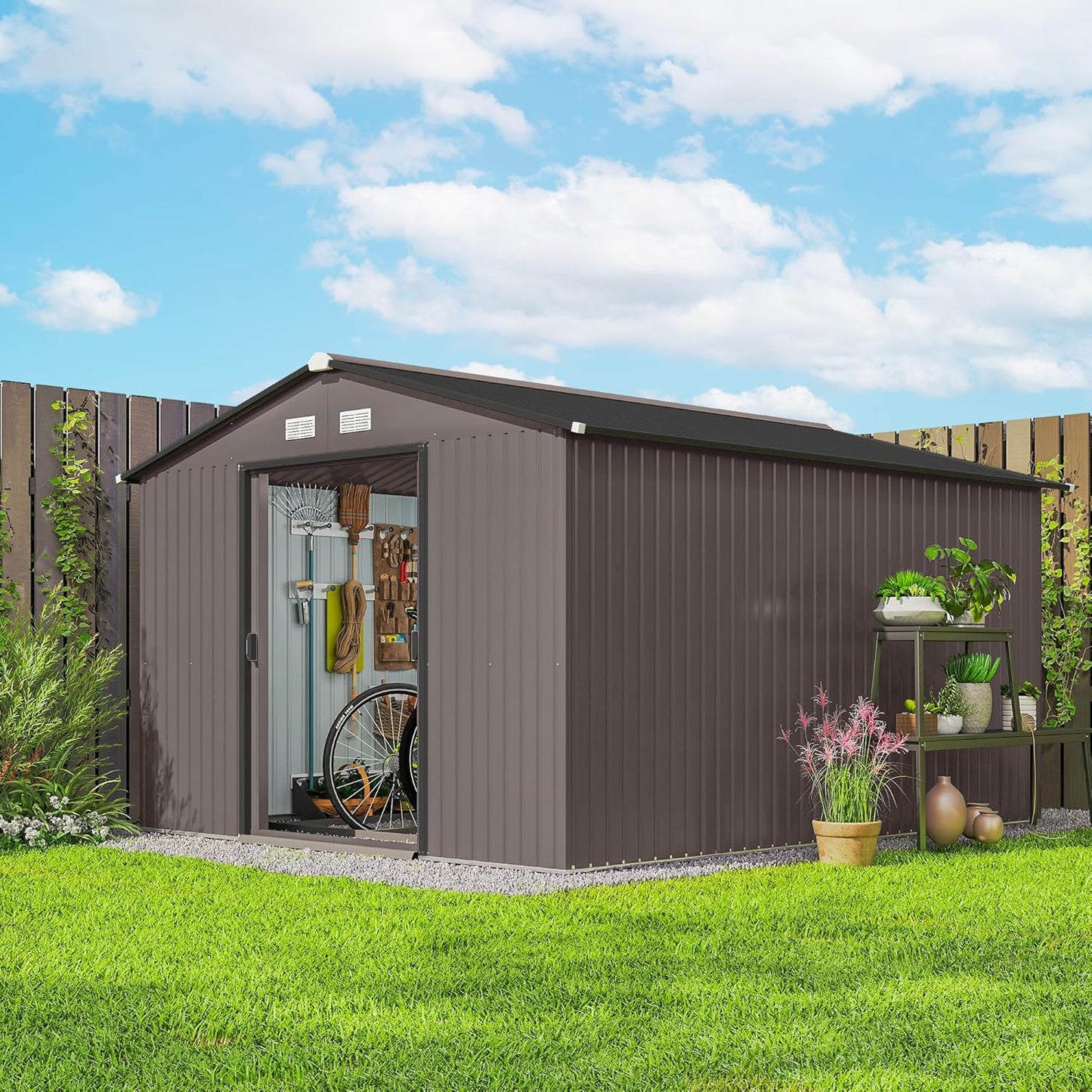 Outsunny 11' x 9' Outdoor Storage Shed, Garden Tool Metal Shed with Foundation Kit, Double Lockable Door, Air Vents and Sloping Roof, for Backyard, Patio, Lawn, Brown