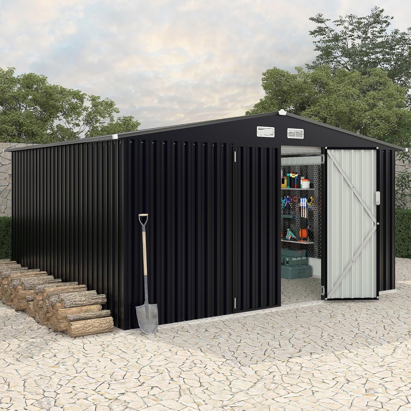 8x10 FT Metal Storage Sheds Outdoor with Floor, Metal Yard Sheds Garden Shed Kit, MetalTool Shed with Lockable Door, Metals UtilitySheds Buildings with Air Vent for Backyard Garden Patio Lawn
