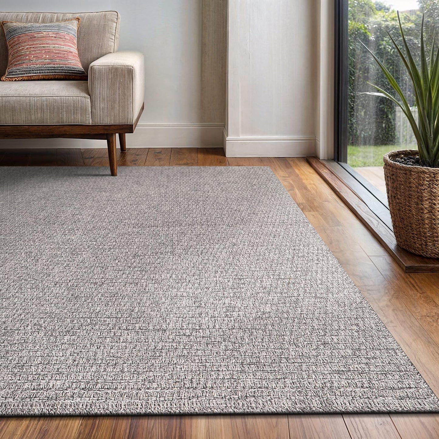 Easy Jute Rug 4x6 Indoor Outdoor Natural Rugs Solid Fiber Rug Woven Area Rug Boho Easy Clean Inside Carpet for Living Room Bedroom Dining Room Hallway or Outdoor Patio Porch (4 X 6 Silver)
