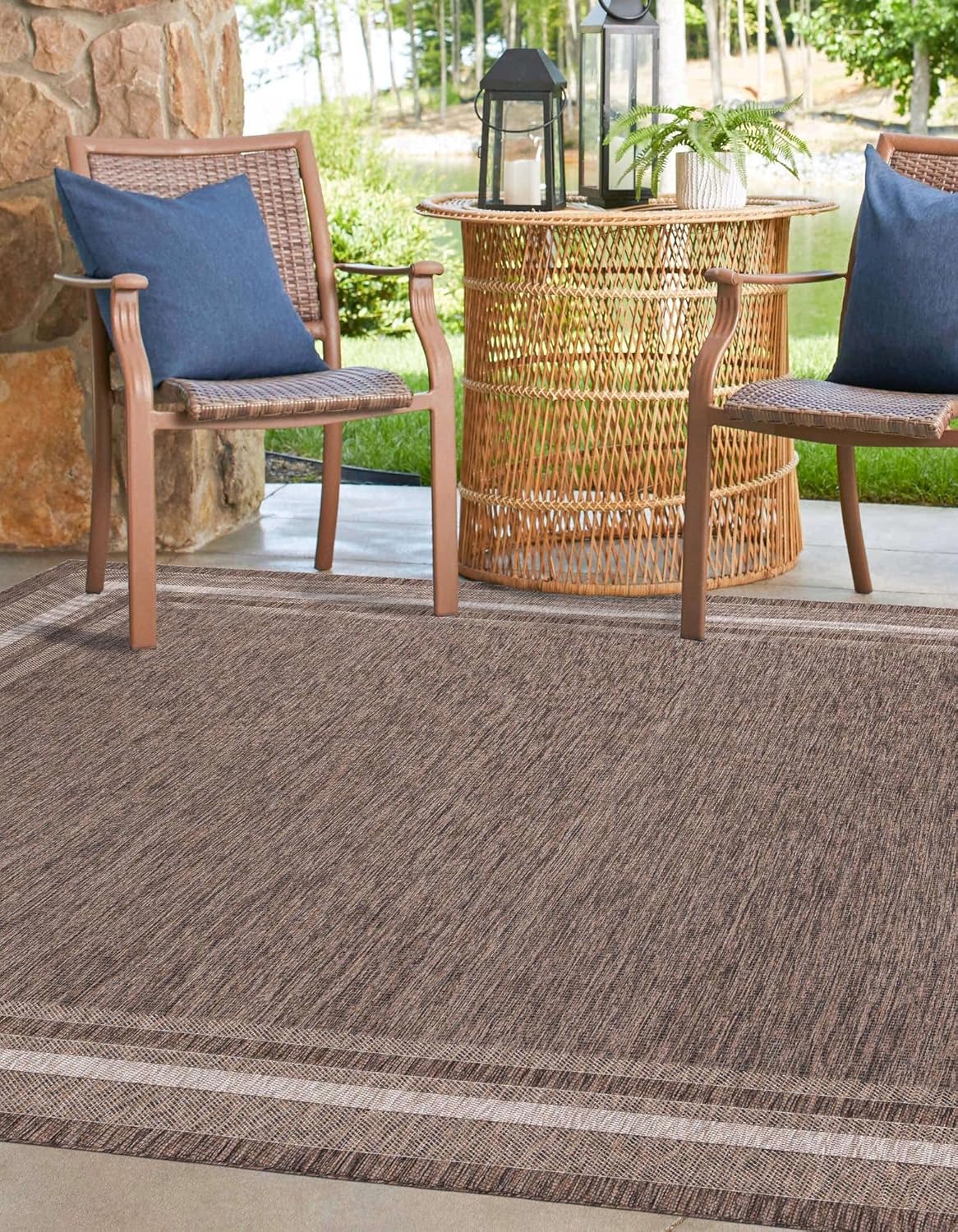 Unique Loom Outdoor Border Collection Area Rug - Soft Border (6' 1" Square Brown/Ivory)