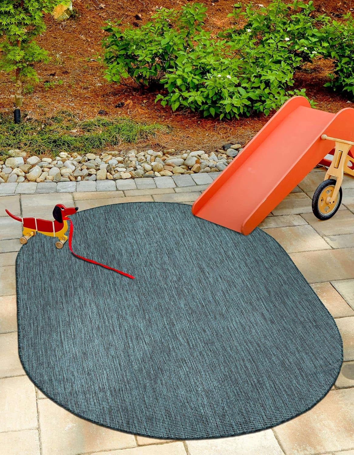 Unique Loom Outdoor Solid Collection Area Rug (6' 1" x 9' Oval Teal/Navy Blue)