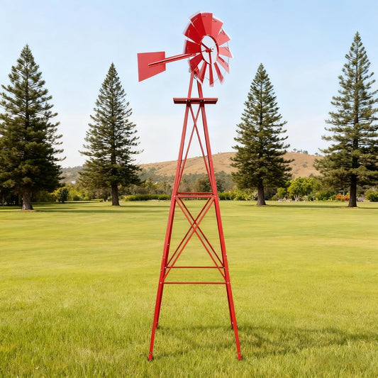 8FT Windmill for Yard Garden Decoration with Weather Vanes，Heavy Duty Outdoor Wind Mills, Large Metal Outdoor Windmill,Weather Resistant,Red