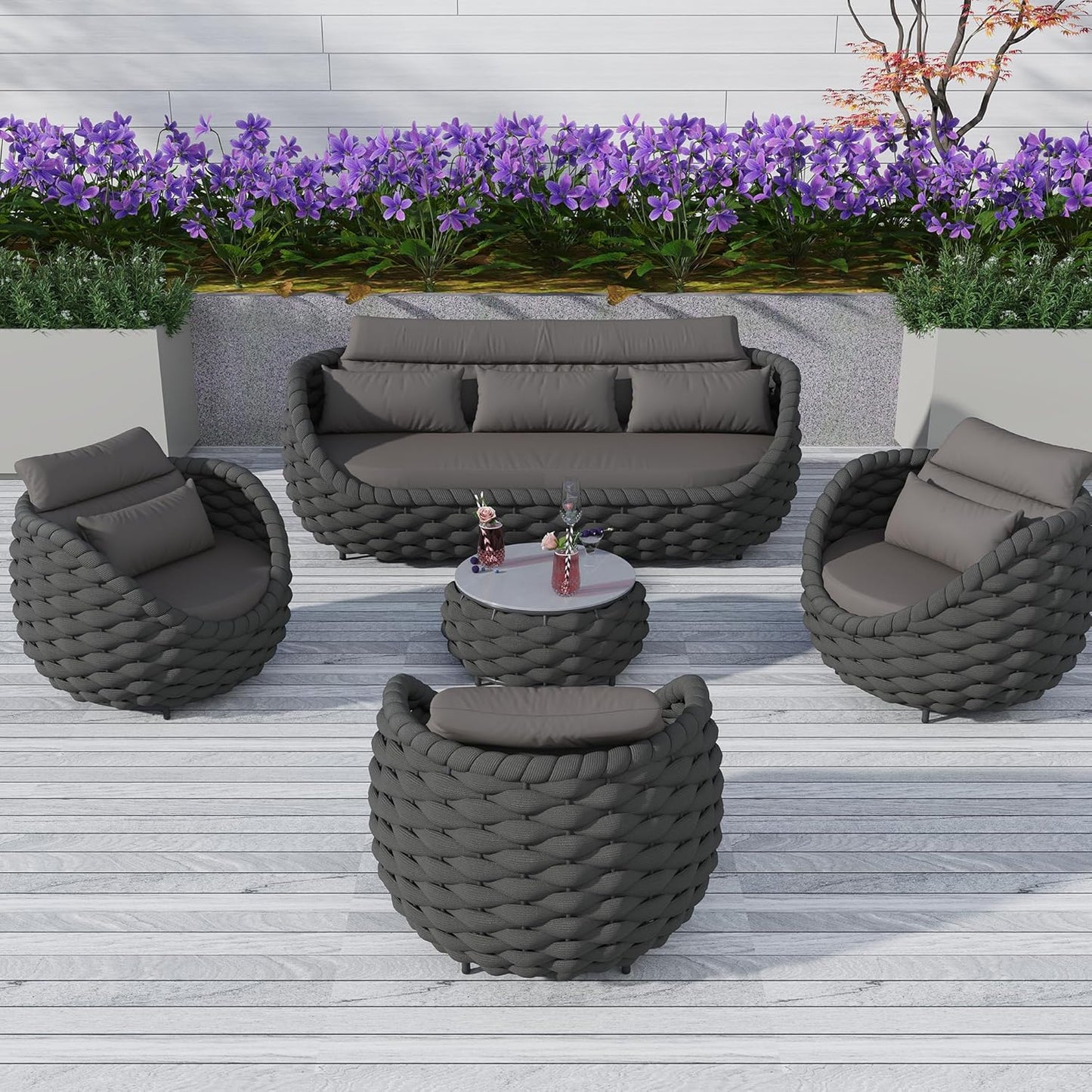 Outdoor Patio Furniture Set-5 Pieces Aluminum Sectional Sofa, Metal Patio Conversation Set with Threeseat & Armchair, Textile Rope and Coffee Table, Dark Grey
