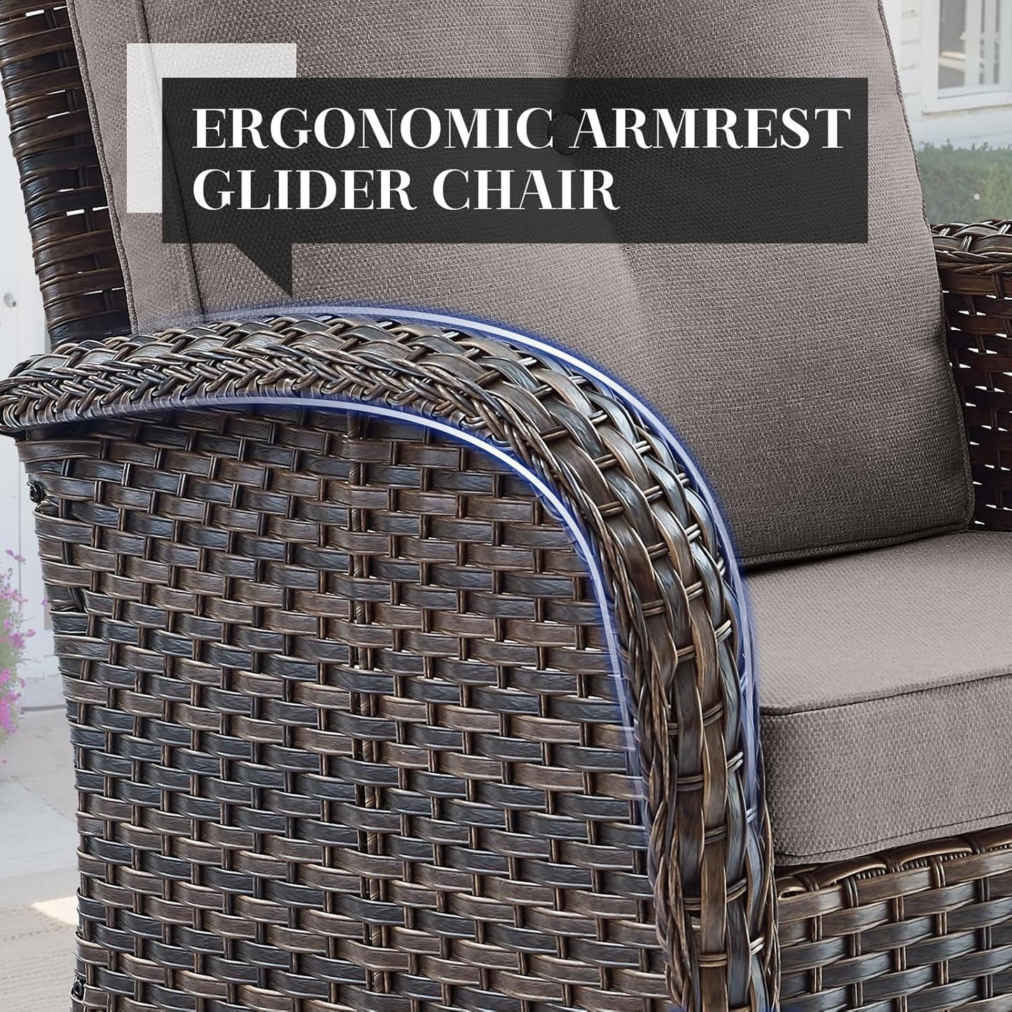 HUMMUH 7-Piece Patio Furniture Set with Fire Pit,Wicker Patio Glider Loveseat Outdoor Swivel Rocker Chairs with Ottomans for Backyard,Poolside,Deck