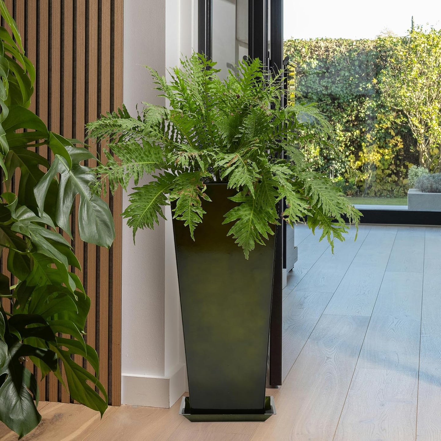 WORTH Garden 28" Large Metal Glazed Planter Set of 2, Luxurious Glossy Finish Green Tall Square Tapered Steel Plant Pots, Decor Flower Pot Indoor & Outdoor, Drainage Hole & Dual-Purpose Plant Saucer