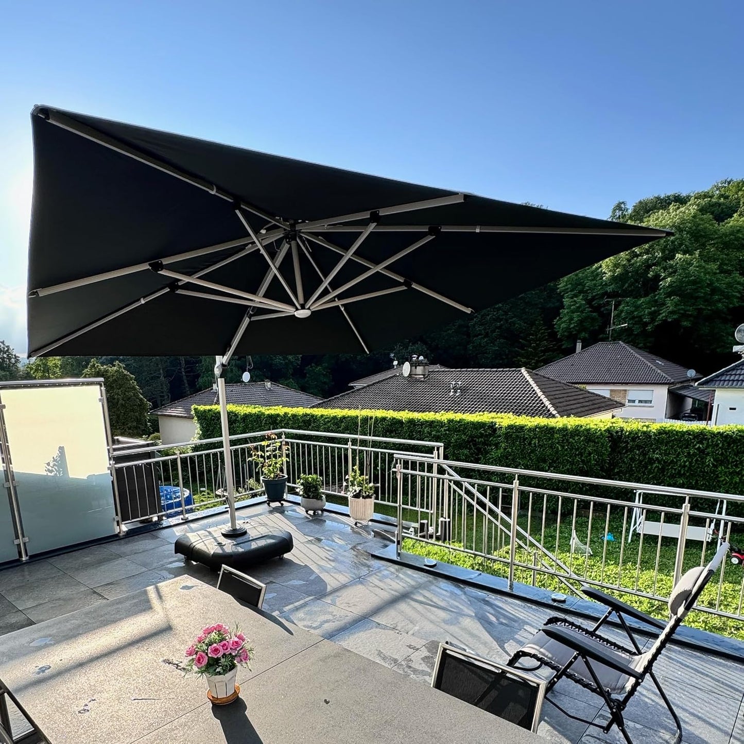 PURPLE LEAF 9' X 12' Double Top Deluxe Solar Powered LED Rectangle Patio Umbrella Offset Hanging Umbrella Outdoor Market Umbrella Garden Umbrella, Black